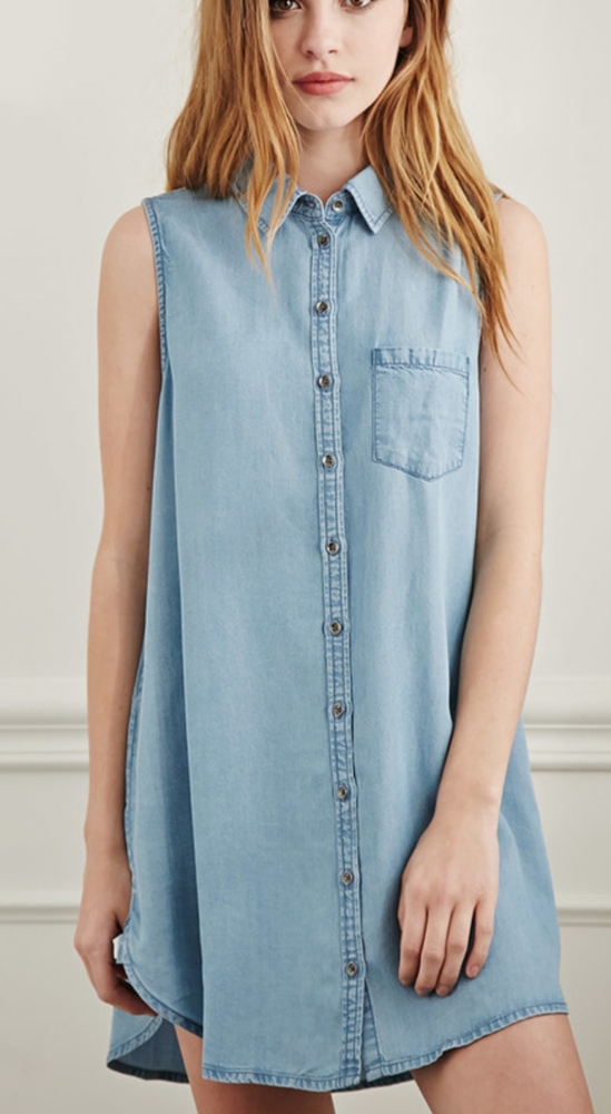 Denim Long Side Slit Dress Top with Pockets